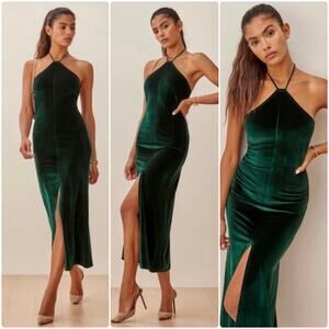 Reformation Nyla Green Velvet Midi Halter Dress Size M
